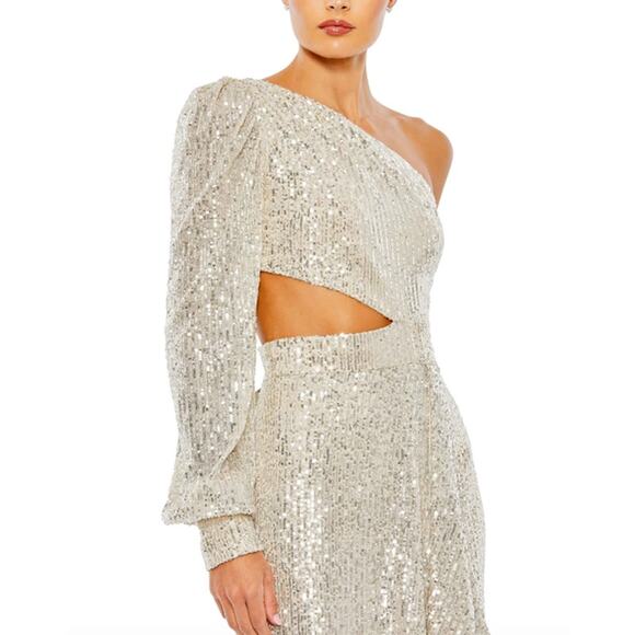 MAC DUGGAL Dress Size 8 Evening Gown Sequin Silver Cream NEW One Shoulder Puff - Picture 8 of 8